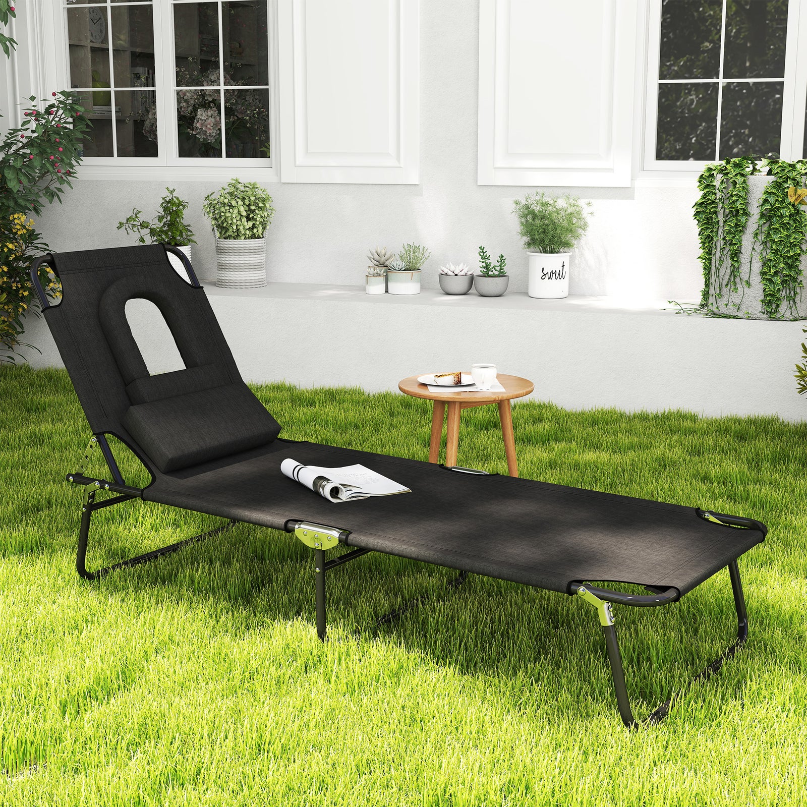 Outdoor Folding Sun Lounger with Face Hole, 4 Level Adjustable Backrest Reclining Garden Lounger, Garden Recliner Sunbed with 600 D Oxford Cloth Seat and Pillow for Beach, Black