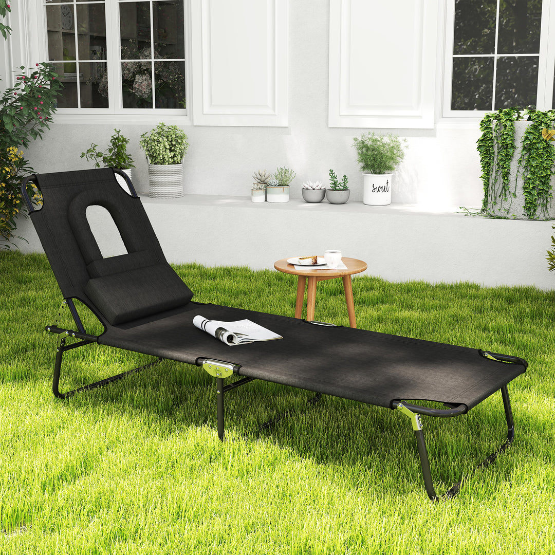 MCL Outdoor Folding Sun Lounger with Face Hole, 4 Level Adjustable Backrest Reclining Garden Lounger, Garden Recliner Sunbed with 600 D Oxford Cloth Seat and Pillow for Beach, Black
