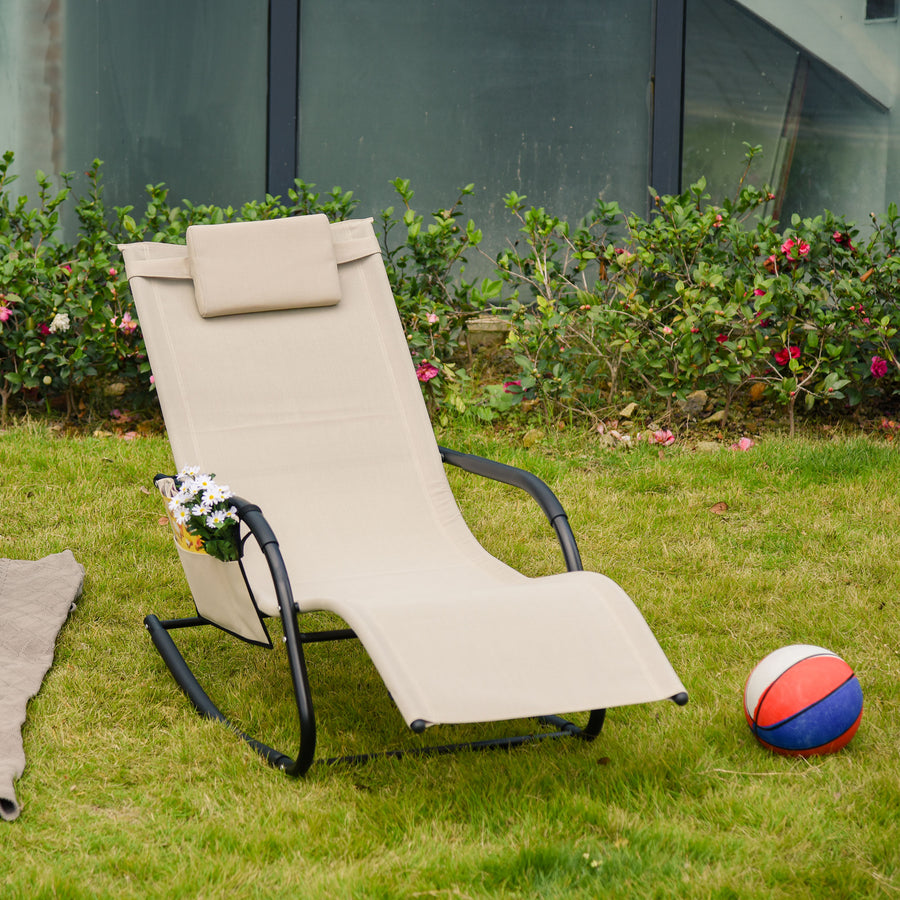 Outdoor Garden Rocking Chair, Patio Sun Lounger Rocker Chair with Breathable Mesh Fabric, Removable Headrest Pillow, Armrest, Side Storage Bag, Cream White
