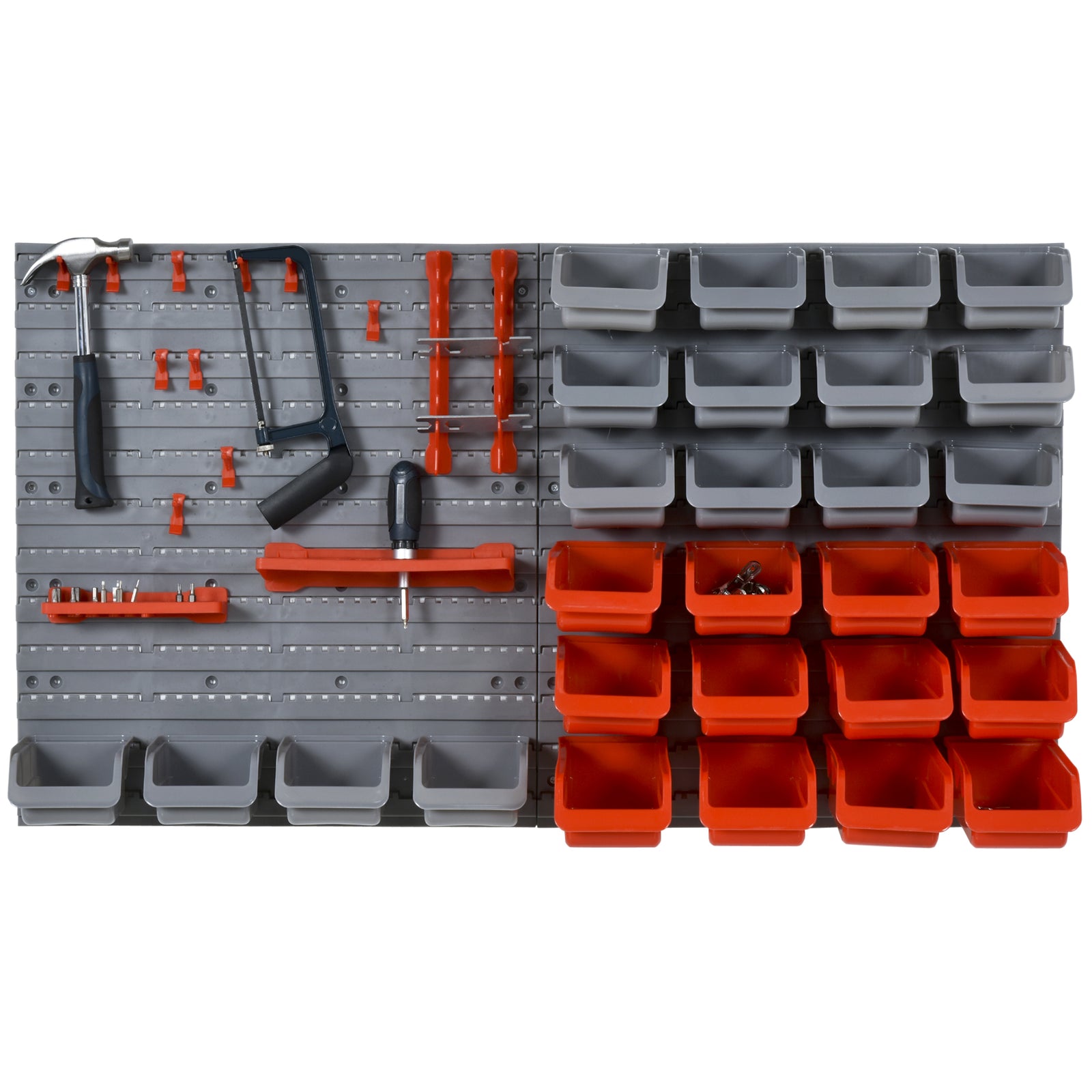 44 Piece Wall Mounted Tool Rack Organiser Storage Bins and Panel Set with Shelf Hook Screws Accessories Red
