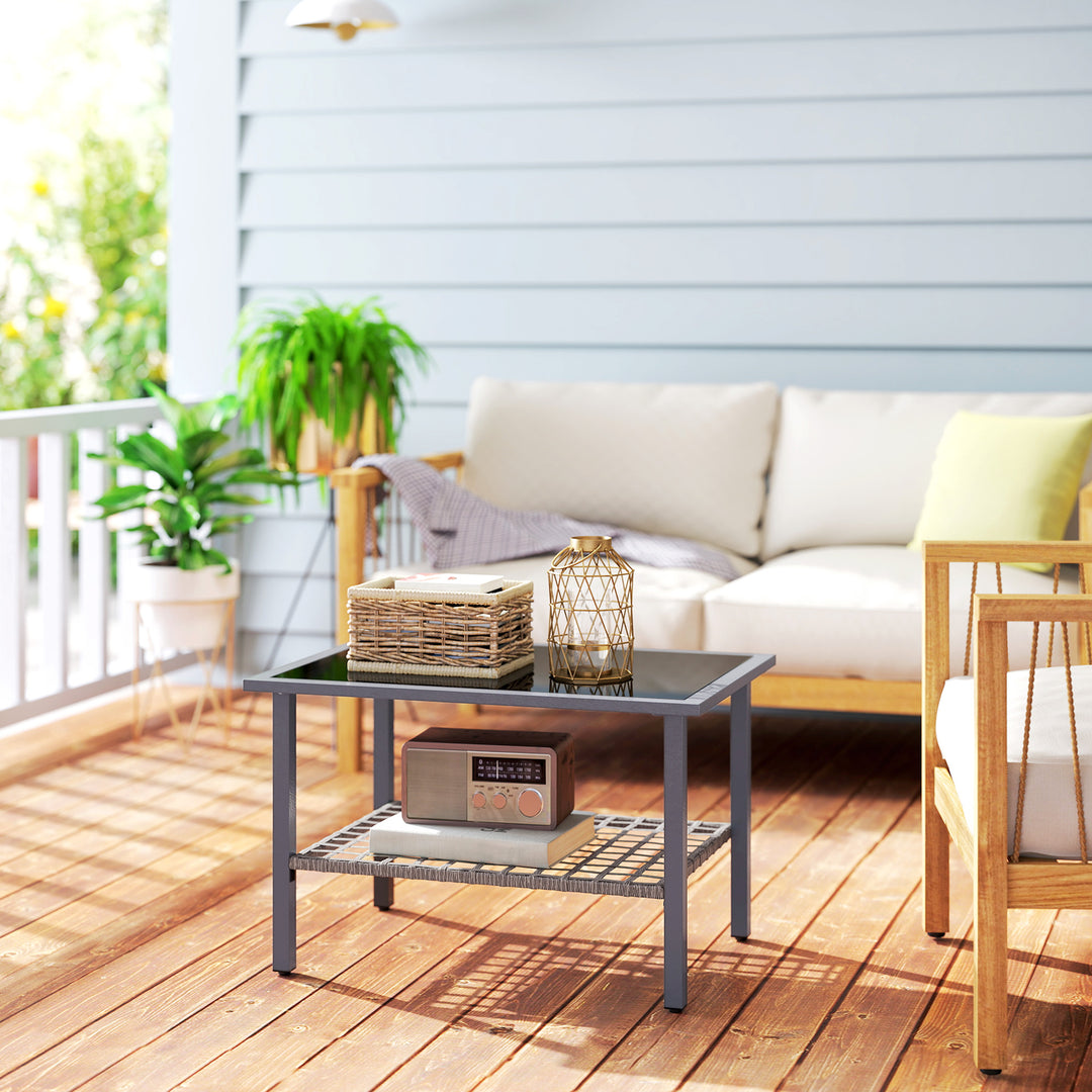 Outdoor Rattan Coffee Table with Tempered Glass Top, Storage Shelf, Foot Pads, for Patio, Balcony, Mixed-grey