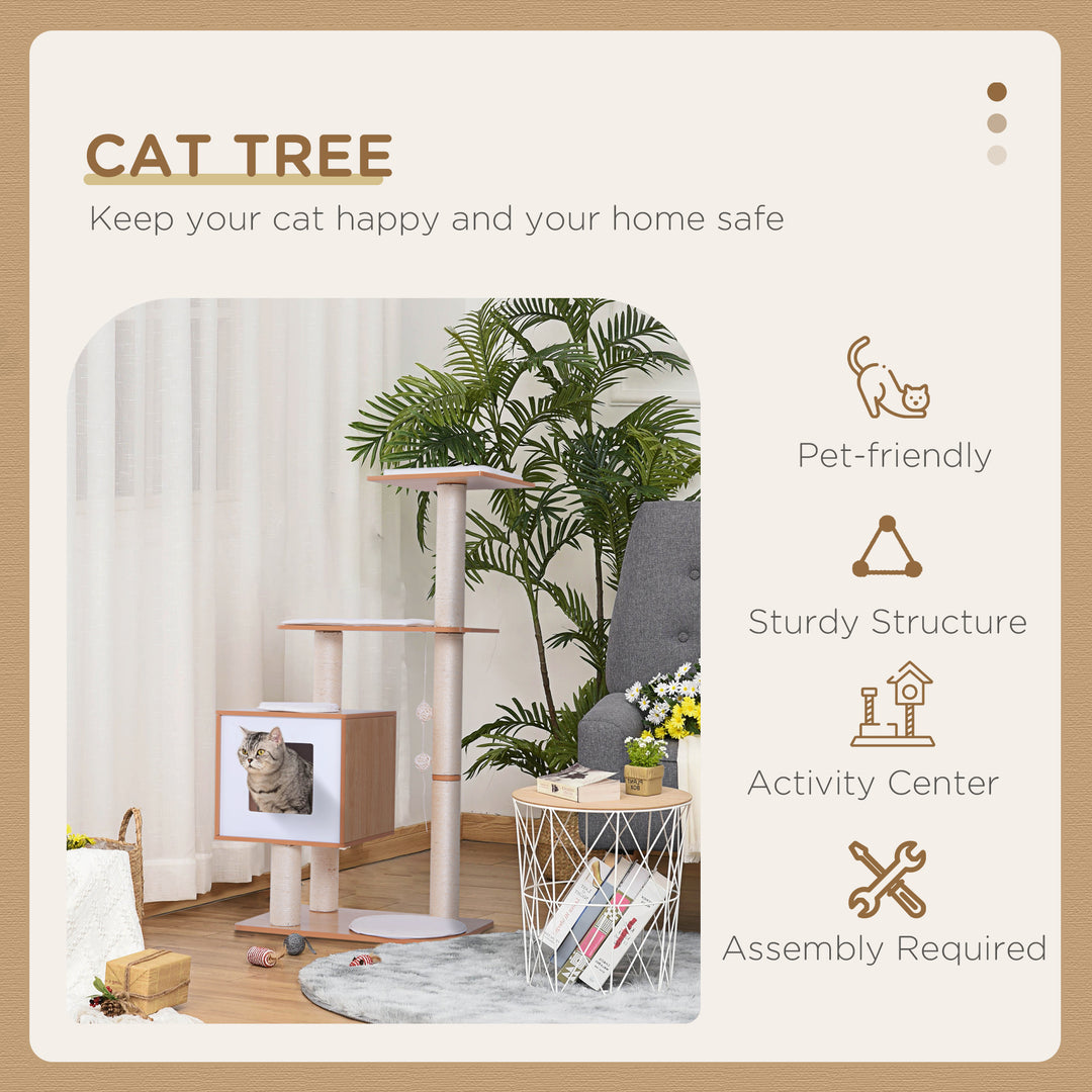 PawHut Wooden Cat Tree with Scratching Post, Multi-level Kitten House Condo, Activity Centre with Cushion and Hanging Toy | Aosom UK