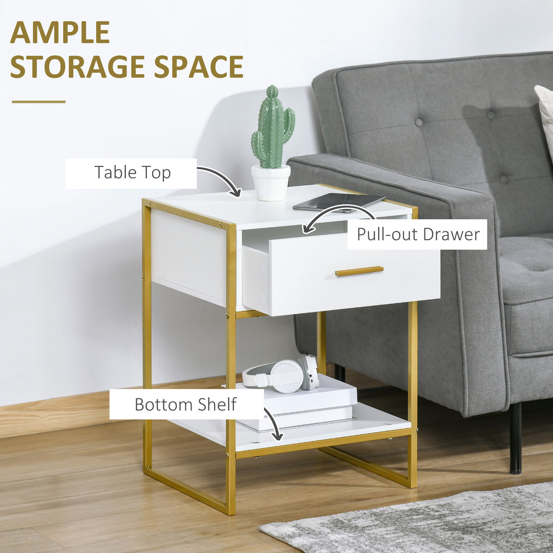 Bedside Table Set of 2, Modern Side Tables with Drawer and Shelf, Nightstands for Bedroom, White