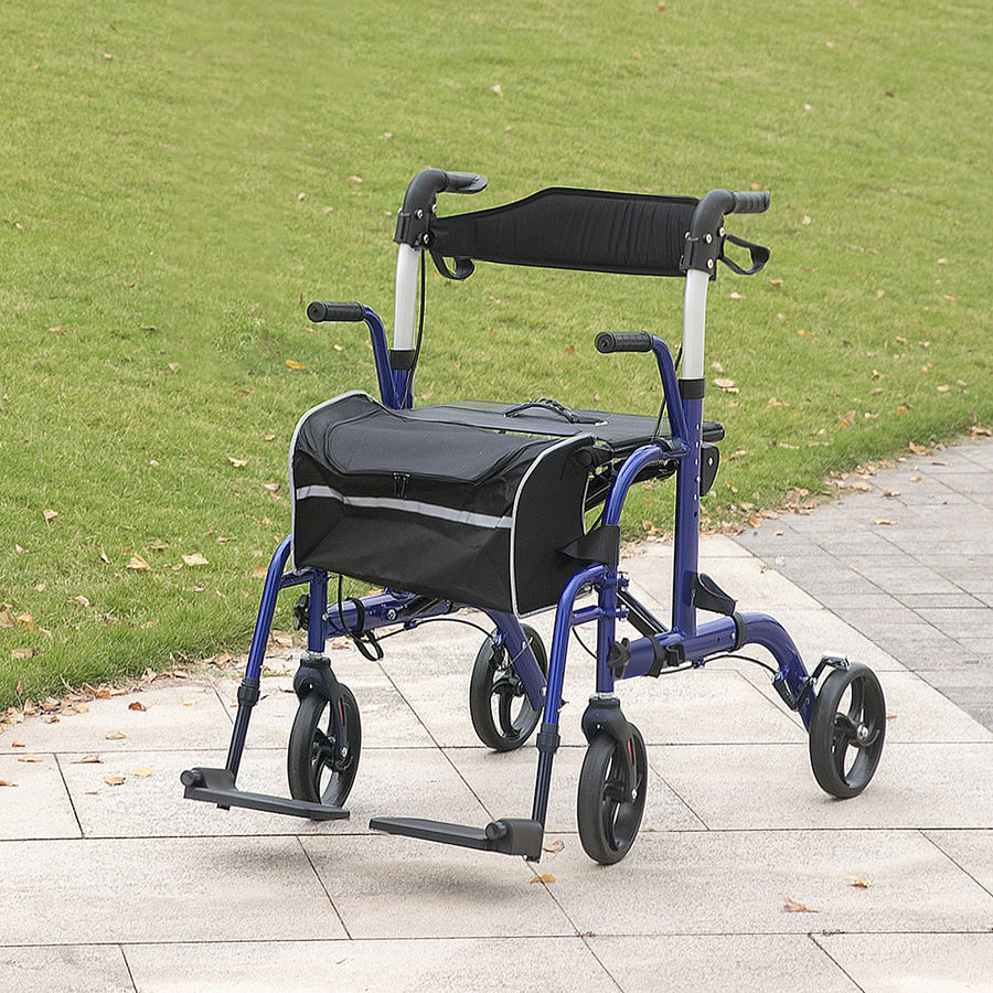 2 in 1 Wheelchair Transport Chair & Folding Rollator Walker with Seat, Backrest, Footrest, Lightweight Walking Frame with Bag, Adjustable Height, 4 Wheeled Walker for Seniors, Pearl Blue