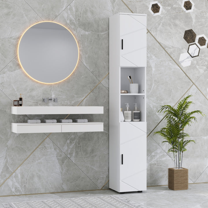 Line Embossed Tall Bathroom Storage Cabinet - White