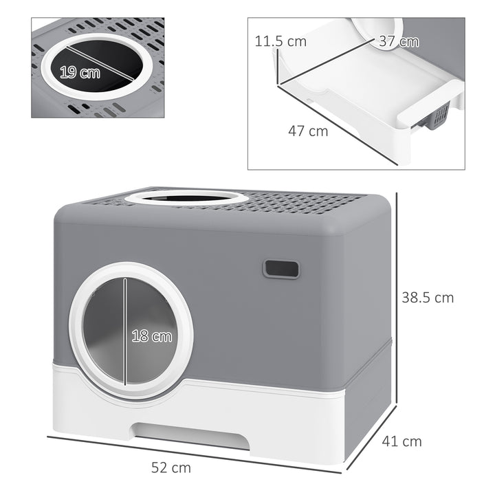 Enclosed Cat Litter Box, with Lid, Front Entry, Top Exit, Pull-Out Tray, Scoop - Grey