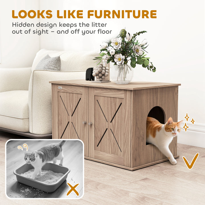 Cat Litter Box Enclosure with Double Doors and Side Entrance, Non-Slip Pads for Living Room, Walnut Brown