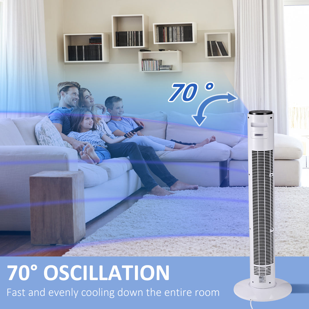 HOMCOM Freestanding 38'' Tower Fan with 3 Speeds, 3 Modes, 12h Timer, 70 Degree Oscillation, LED Panel, Remote Control, White | Aosom UK