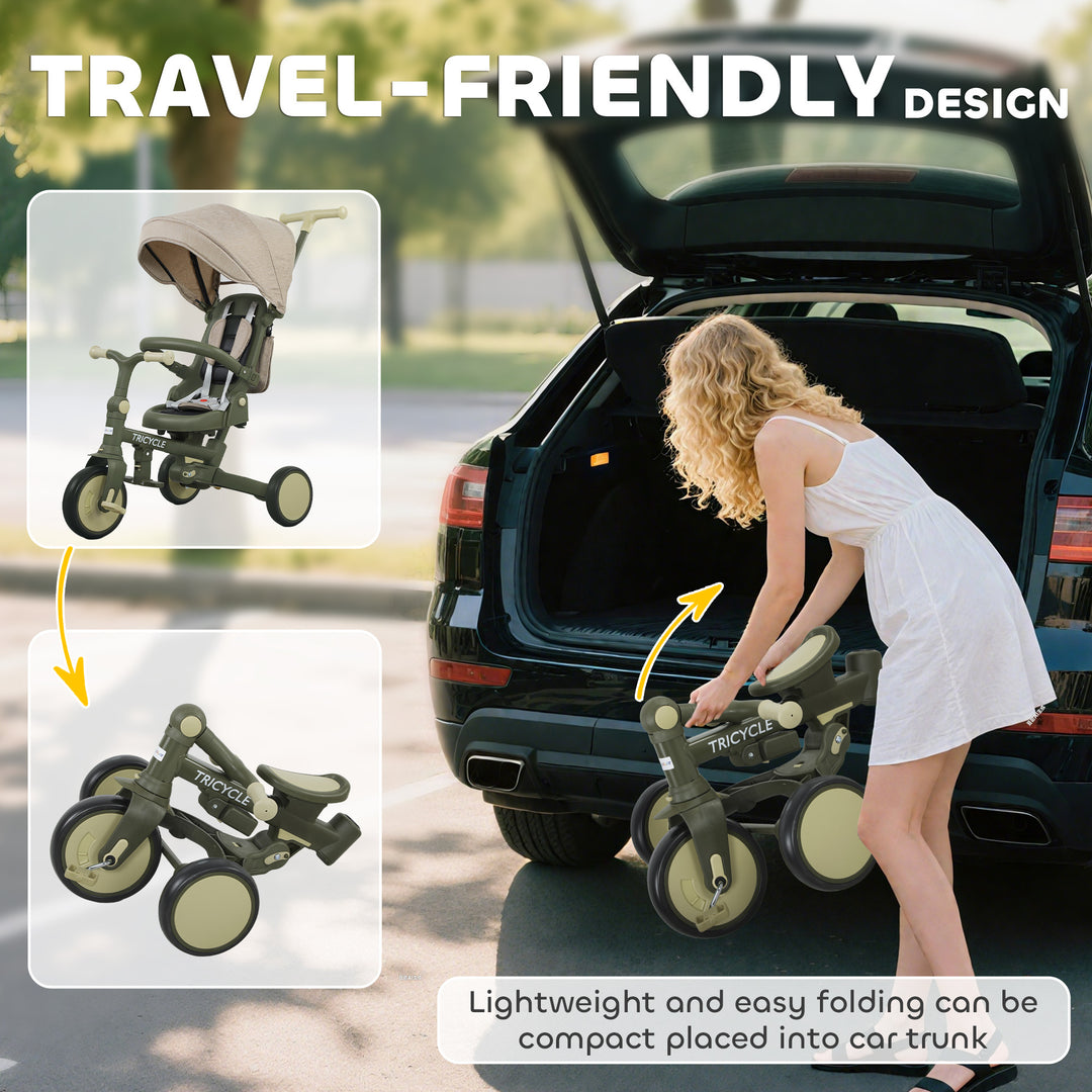 AIYAPLAY 5 in 1 Kids Trike with Adjustable Backrest, Toddler Tricycle with Push Handlebar, Adjustable Backrest, Dark Green