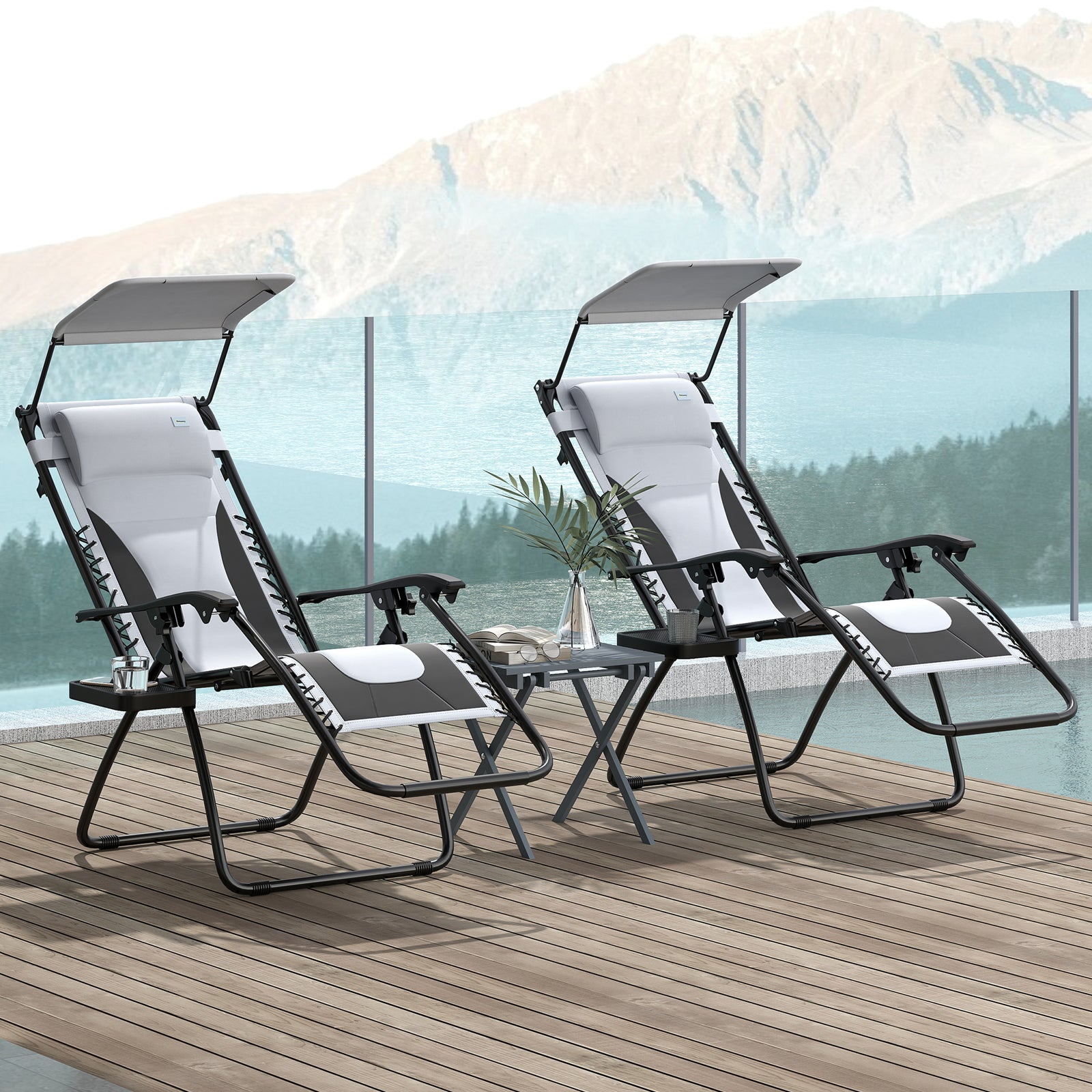 Zero Gravity Lounger Chair Set of 2, Folding Reclining Patio Chair with Shade Cover, Padded Seat, Cup Holder, Soft Cushion and Headrest for Poolside, Camping, Light Grey