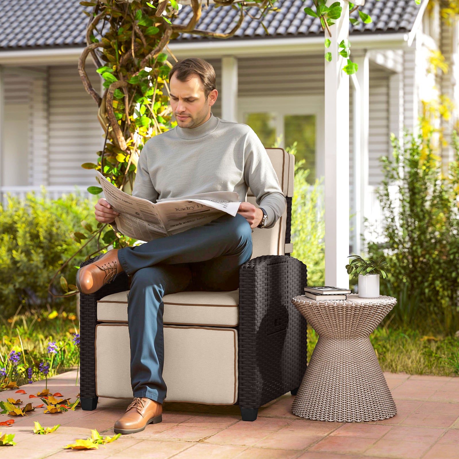 145° Reclining Rattan Armchair, with Footrest - Brown/Khaki