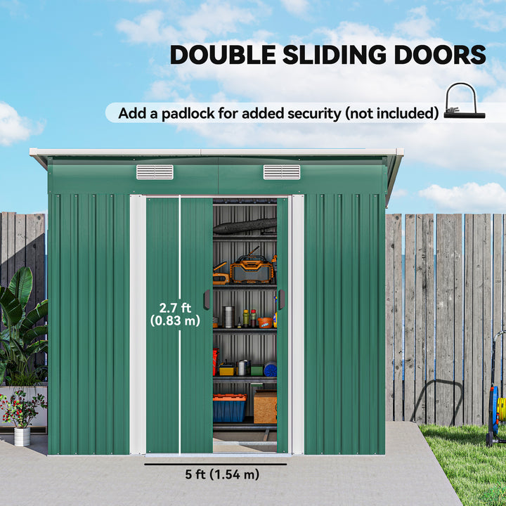 7 x 4ft Outdoor Storage Shed with Foundation Kit, Lean to Metal Garden Shed for Log, Rubbish Bin, Tool, Lawnmower, Bike, Patio and Lawn Use, Green