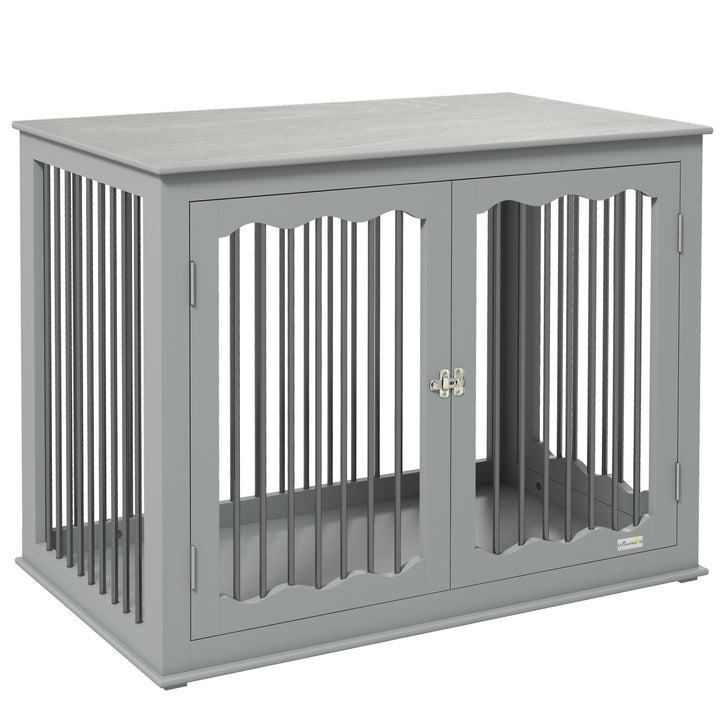 PawHut Dog Crate End Table w/ Three Doors, Furniture Style Dog Crate, for Big Dogs, Indoor Use w/ Locks and Latches - Grey | Aosom UK