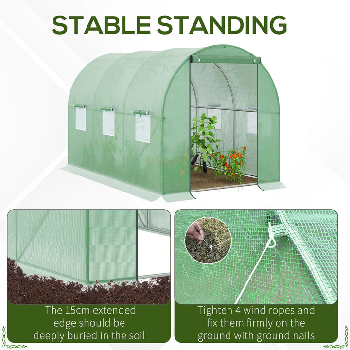 Walk-in Polytunnel Greenhouse, Outdoor Garden Tunnel Greenhouse Tent with Zipped Roll-Up Door and 6 Mesh Windows, 3 x 2M