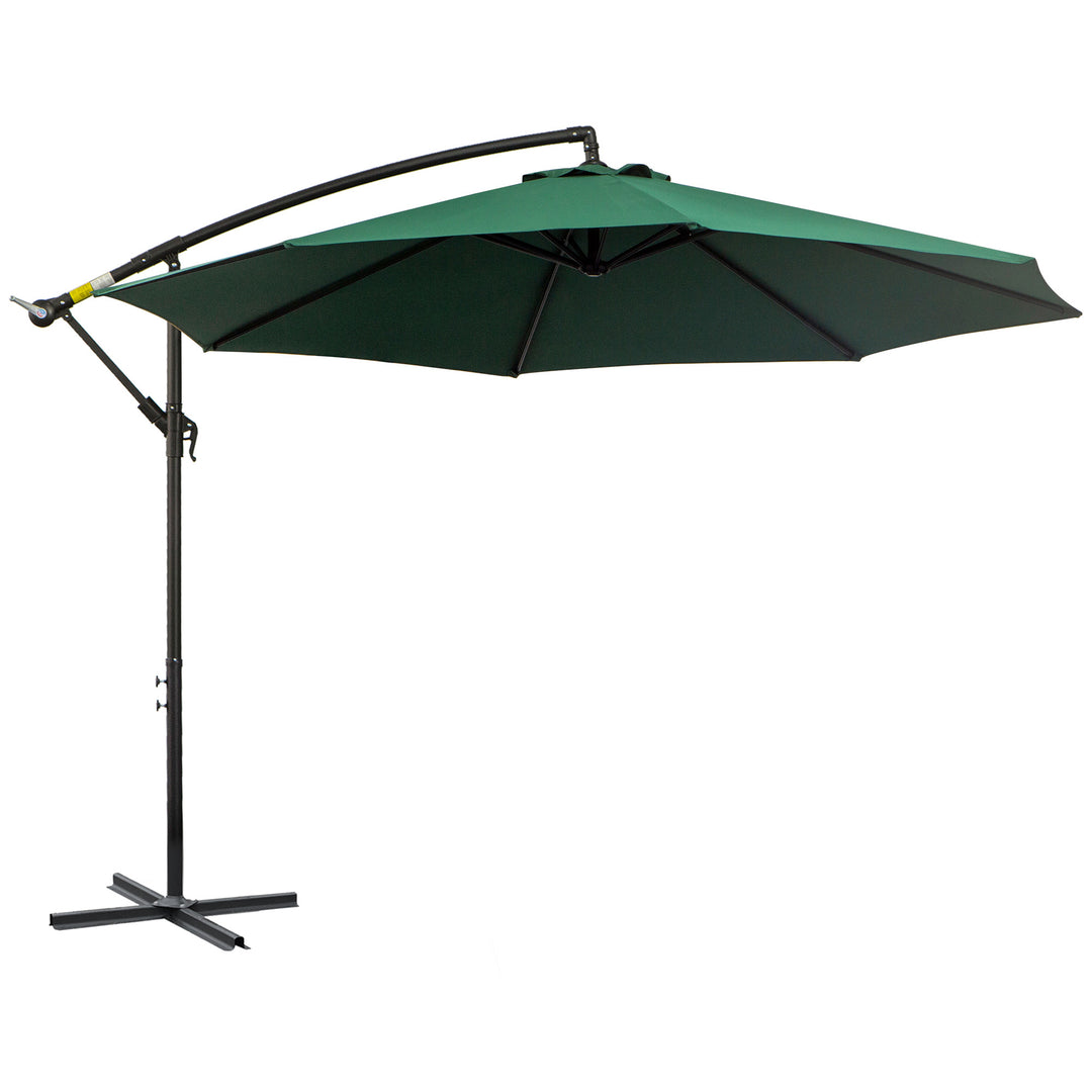 3(m) Banana Parasol Hanging Cantilever Umbrella with Crank Handle, 8 Ribs and Cross Base for Outdoor, Sun Shade, Dark Green
