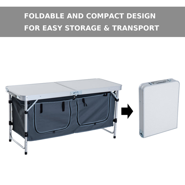 Outsunny 4ft Folding Camping Cupboard Kitchen, Height Adjustable Aluminium Camping Table with Storage, Lightweight Picnic Table for Outdoor Garden BBQ Party