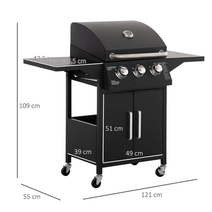 MCL 3 Burner Gas BBQ Grill Outdoor Portable Barbecue Trolley w/ Warming Rack, Side Shelves, Storage Cabinet, Thermometer, Carbon Steel, Black