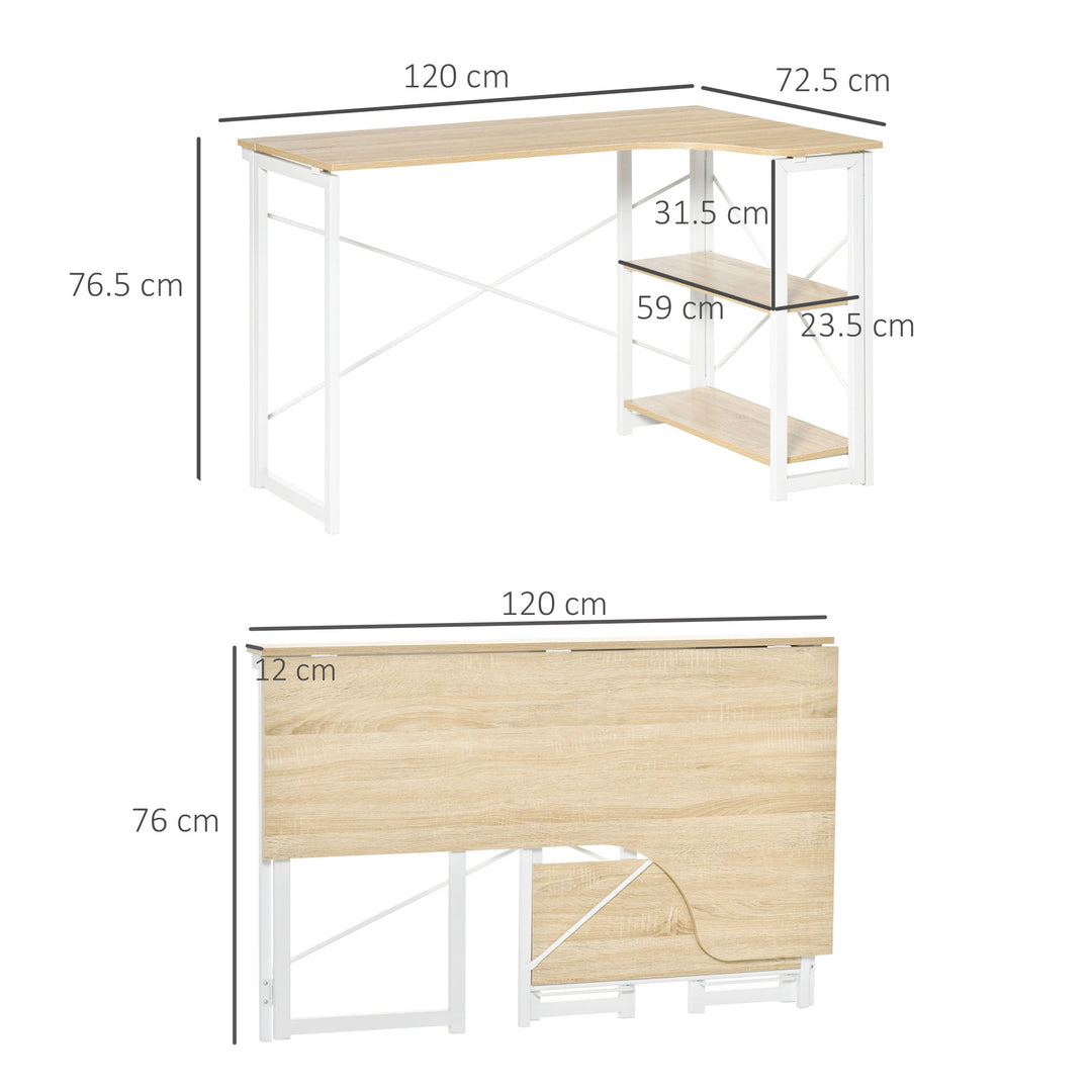 Folding Desk, L Shaped Desk, Corner Computer Desk with 2-Tier Storage Shelf for Home Office, Study Room, Workstation, Easy Assembly, 120 x 72.5 x 76.5cm, Oak Tone