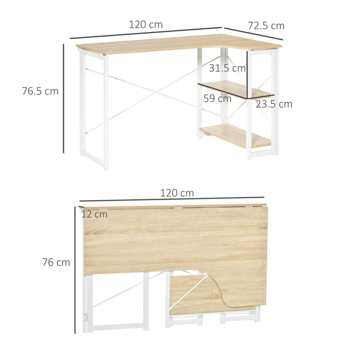 Folding Desk, L Shaped Desk, Corner Computer Desk with 2-Tier Storage Shelf for Home Office, Study Room, Workstation, Easy Assembly, 120 x 72.5 x 76.5cm, Oak Tone