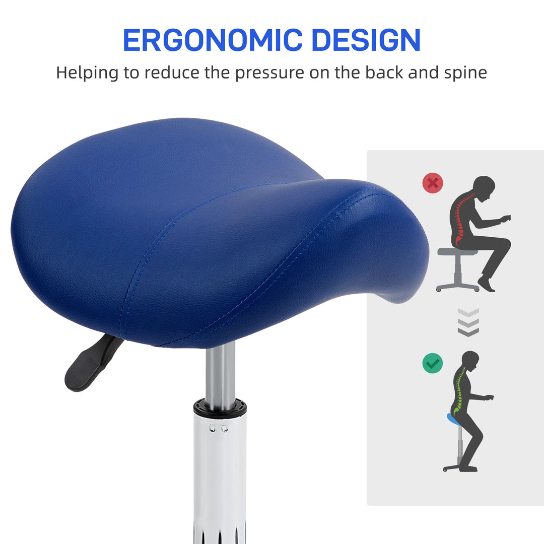 Saddle Stool, Height Adjustable Salon Chair for Massage Spa, Faux Leather, Dark Blue