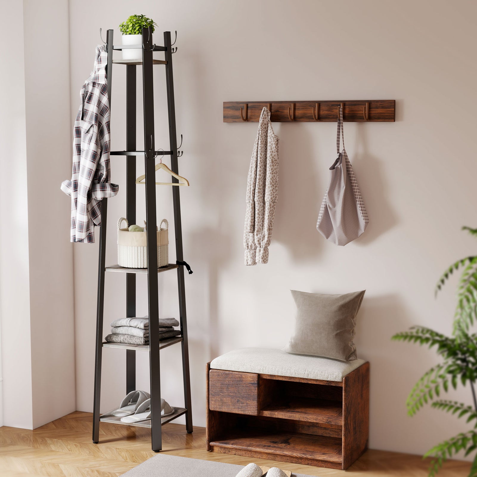 Industrial Coat Stand with 8 Hooks and 4 Shelves - Grey