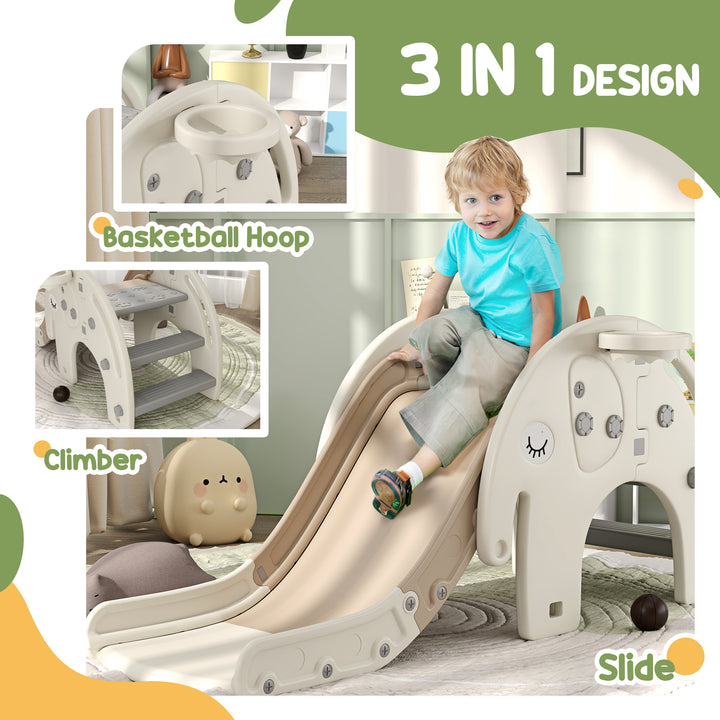 AIYAPLAY 3 in 1 Toddler Slide with Basketball Hoop, Climber, Elephant-Themed, for 1-3 Years, Cream White