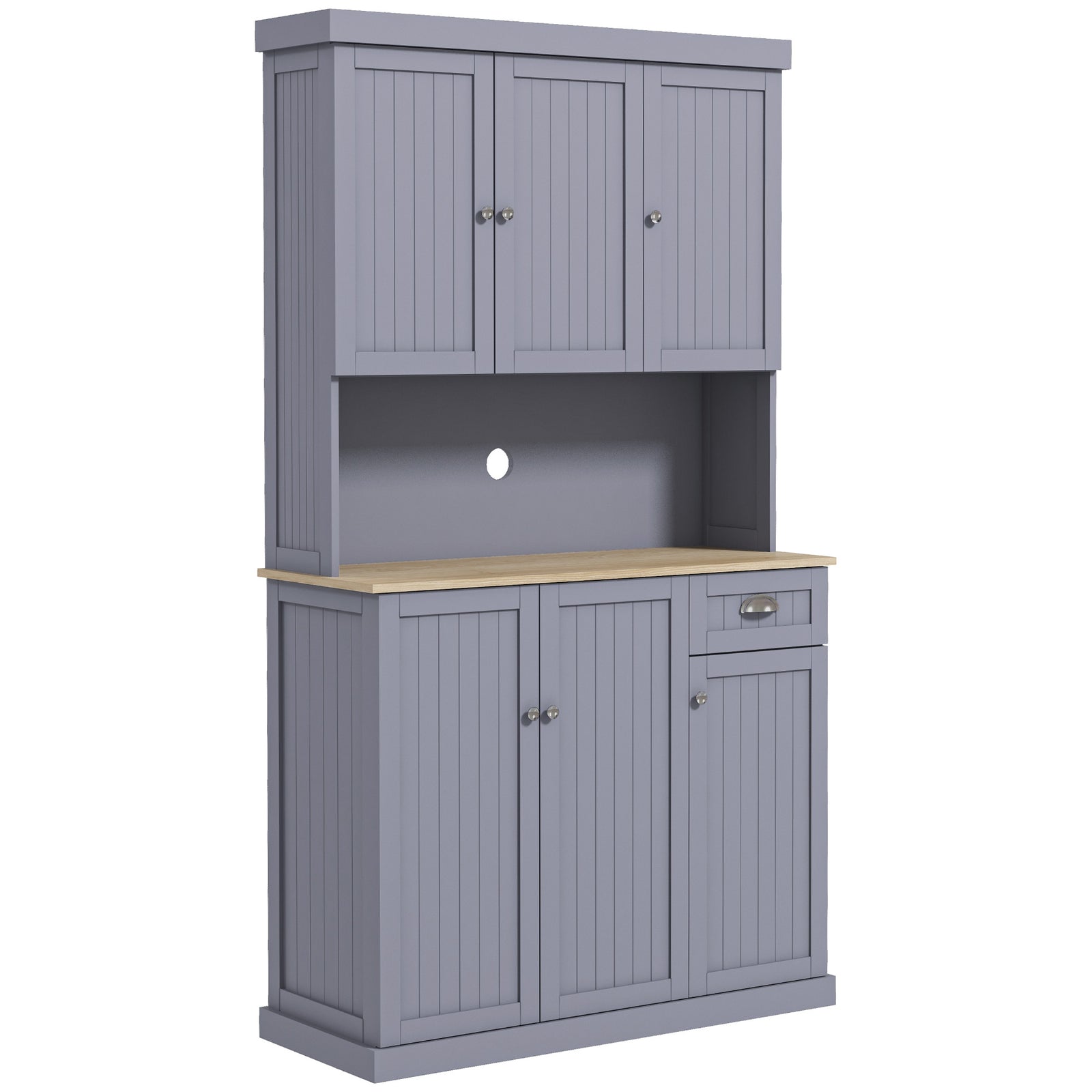 180cm Freestanding Kitchen Cabinet, Modern Storage Cupboard with Open Countertop, Drawer and 6 Doors, Grey