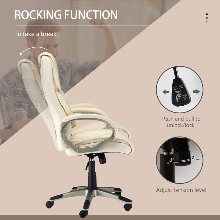 HOMCOM Computer Desk Chair with Adjustable Height & Rocking Function, High Back Executive Office Chair, Faux Leather, Cream White. | Aosom UK