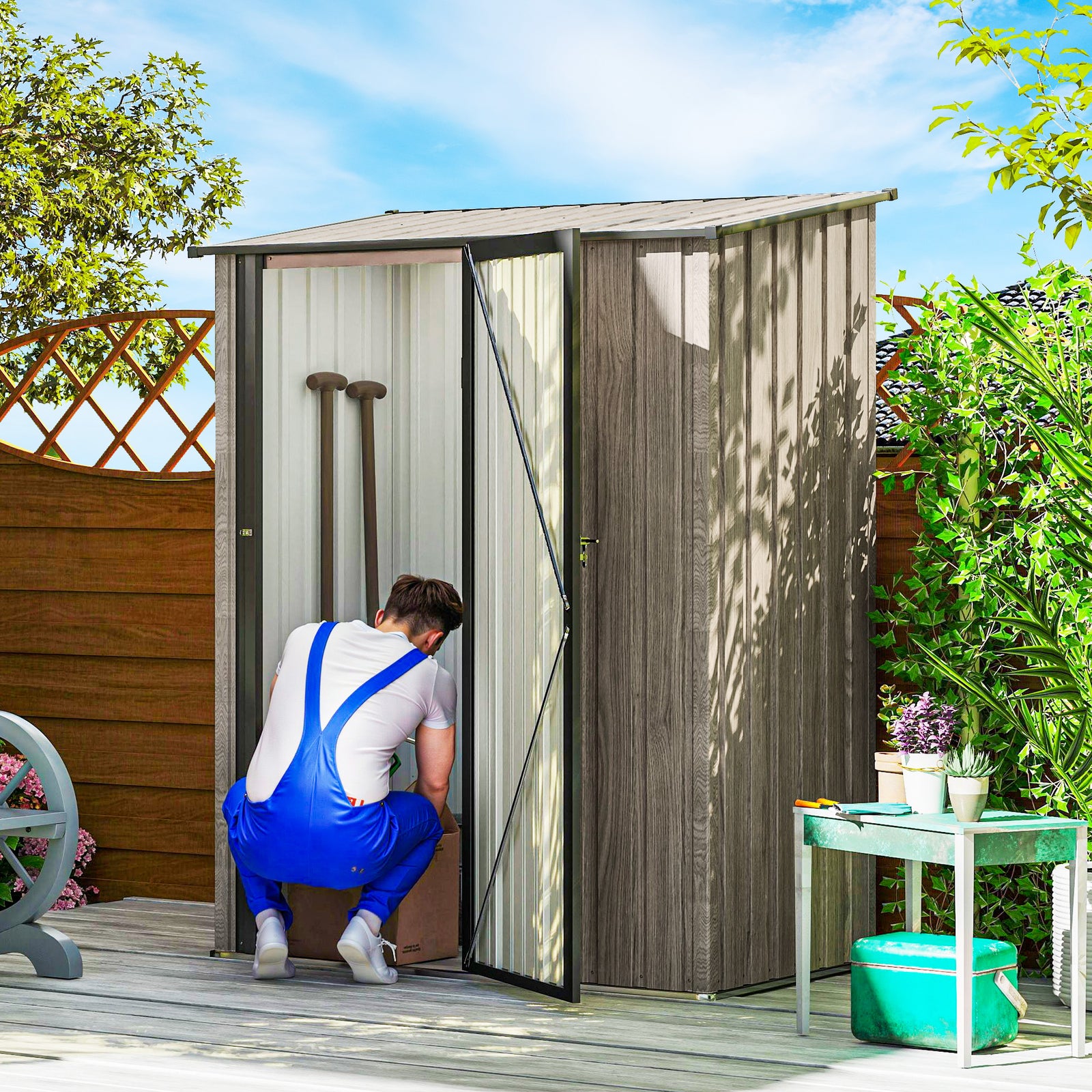 5ft x 3ft Metal Garden Storage Shed, Outdoor Tool Shed with Sloped Roof, Lockable Door for Tools, Equipment, Light Grey