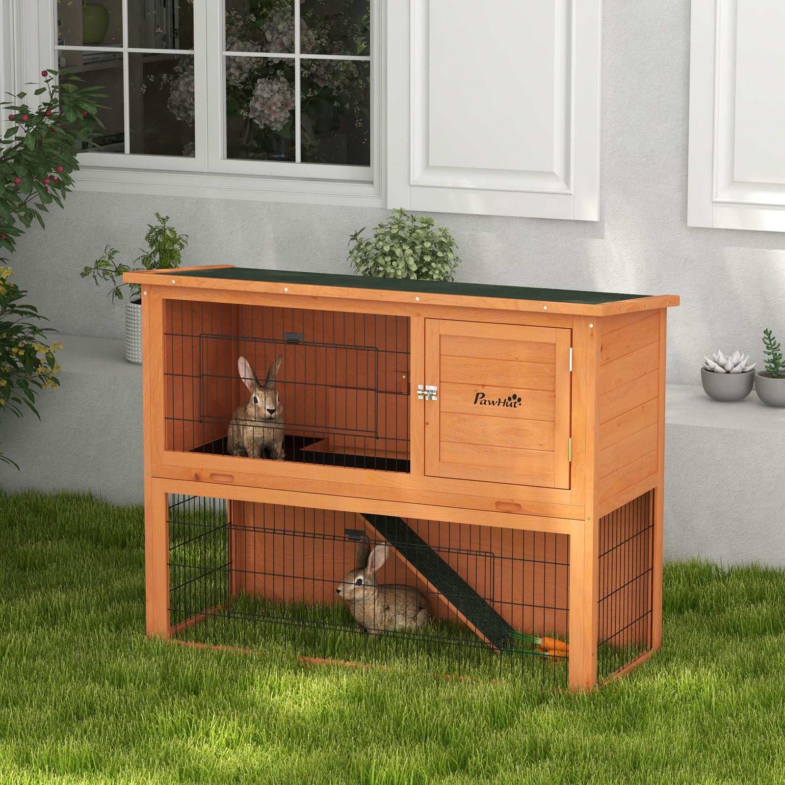 Two-Tier Antiseptic Wood Rabbit Hutch, 92cm Guinea Pig Hutch with Run - Orange