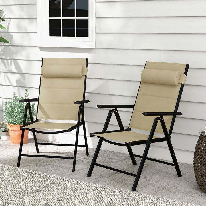 Outsunny Set of 2 Patio Folding Chairs w/ Adjustable Back, Garden Dining Chairs w/ Mesh Fabric Padded Seat, Backrest, Headrest, Khaki | Aosom UK