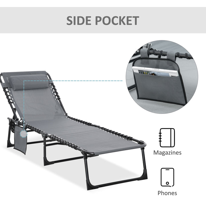 Portable Sun Lounger, Folding Camping Bed Cot, Reclining Lounge Chair 5-position Adjustable Backrest with Side Pocket, Pillow for Patio Garden Beach Pool, Grey