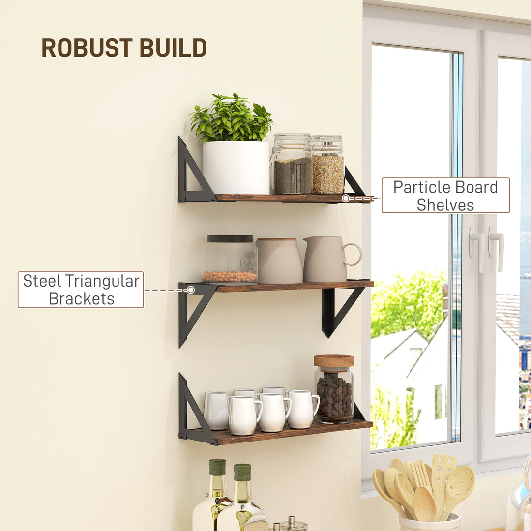 Set of 3 Wall Shelves, 43cm Vintage Wall Mounted Floating Shelves for Living Room, Entryway, Bedroom, Rustic Brown