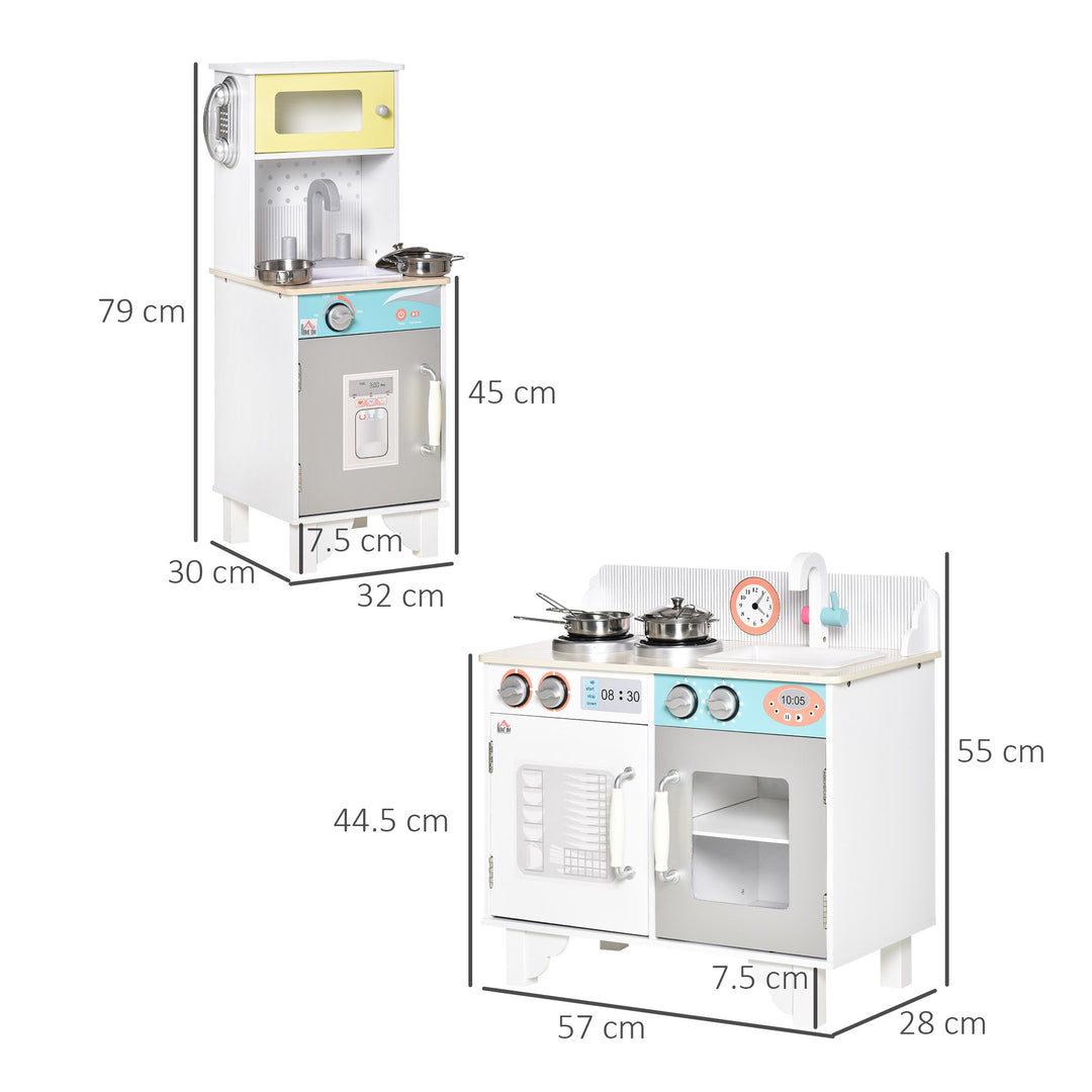 Two Kids Wooden Toy Kitchen Play Cooking Set Pretend Role Playset, with Sink, Telephone, Storage Basket, for 3-6 Years Old