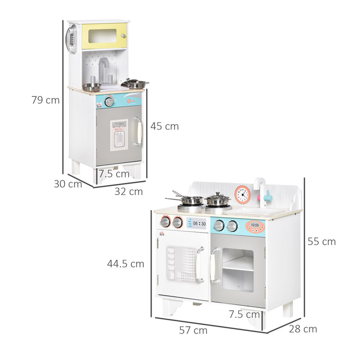 Two Kids Wooden Toy Kitchen Play Cooking Set Pretend Role Playset, with Sink, Telephone, Storage Basket, for 3-6 Years Old