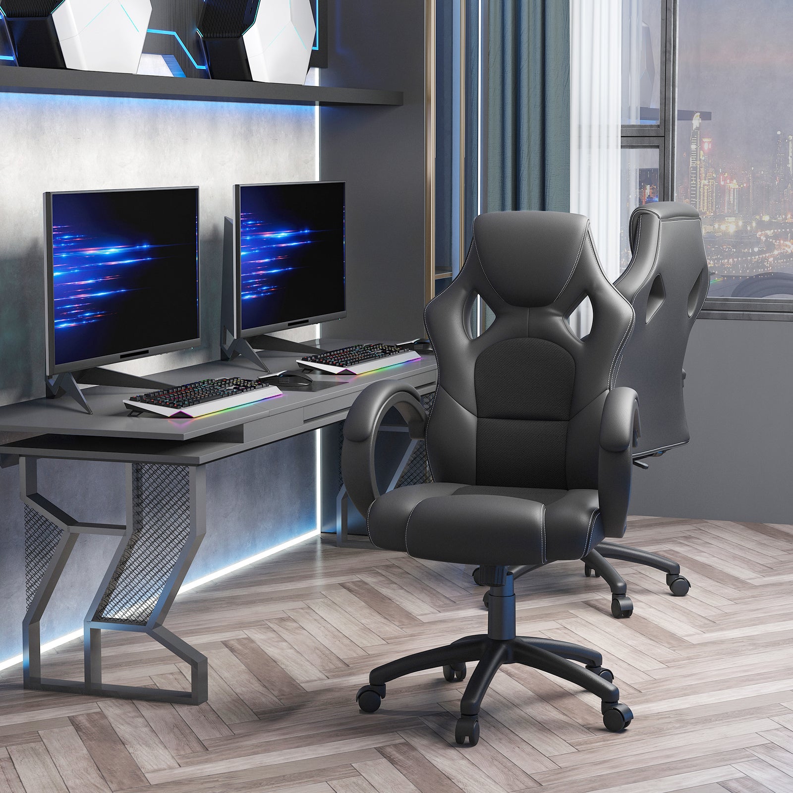 Office Chair Faux Leather Swivel Computer Desk Chair for Home Office with Wheels Armrests Black