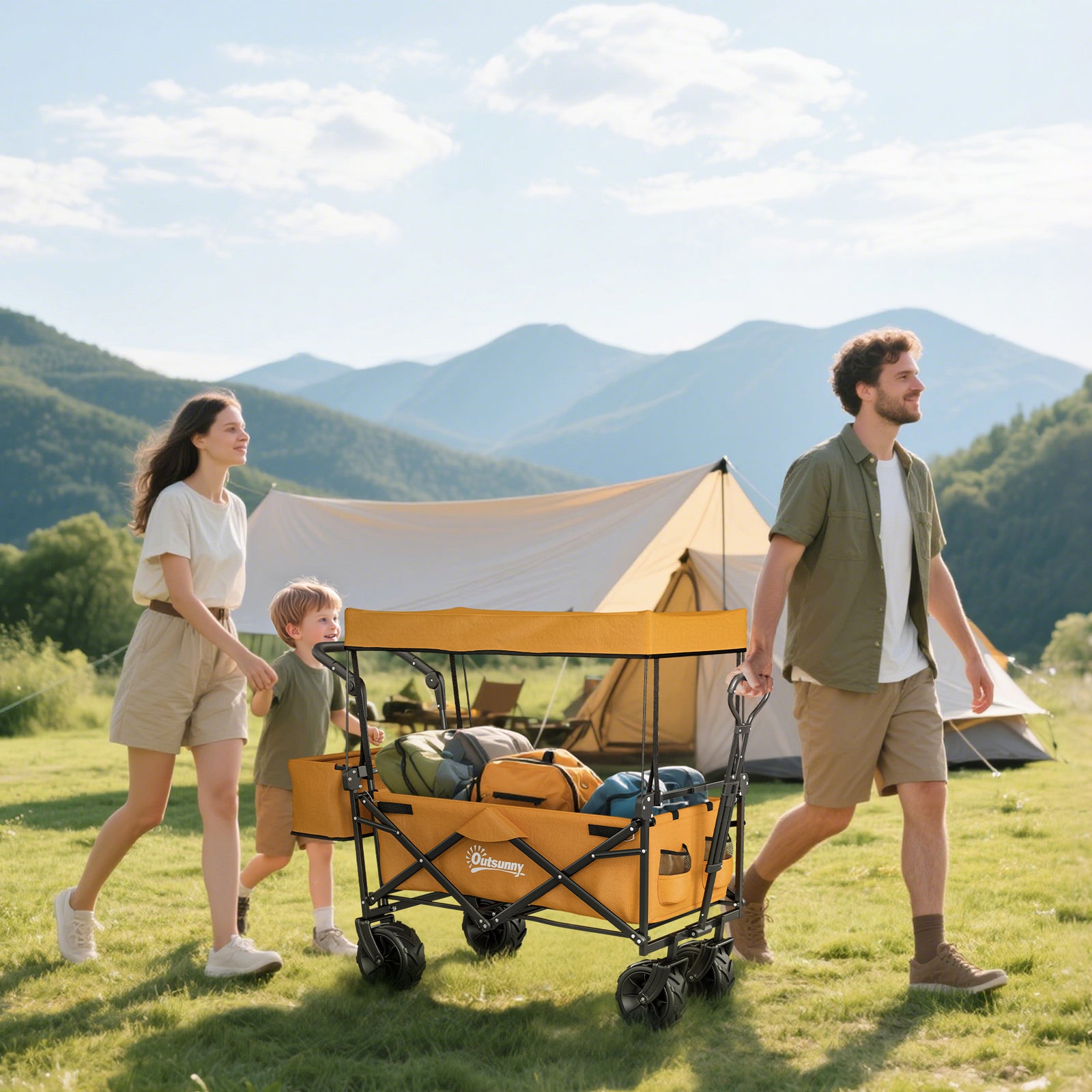 120L Festival Trolley on Wheels, Folding Camping Trolley Cart with Removable Canopy, All-Terrain Wheels, Adjustable Handle, Push or Pull for Garden Beach Fishing Shopping, Orange
