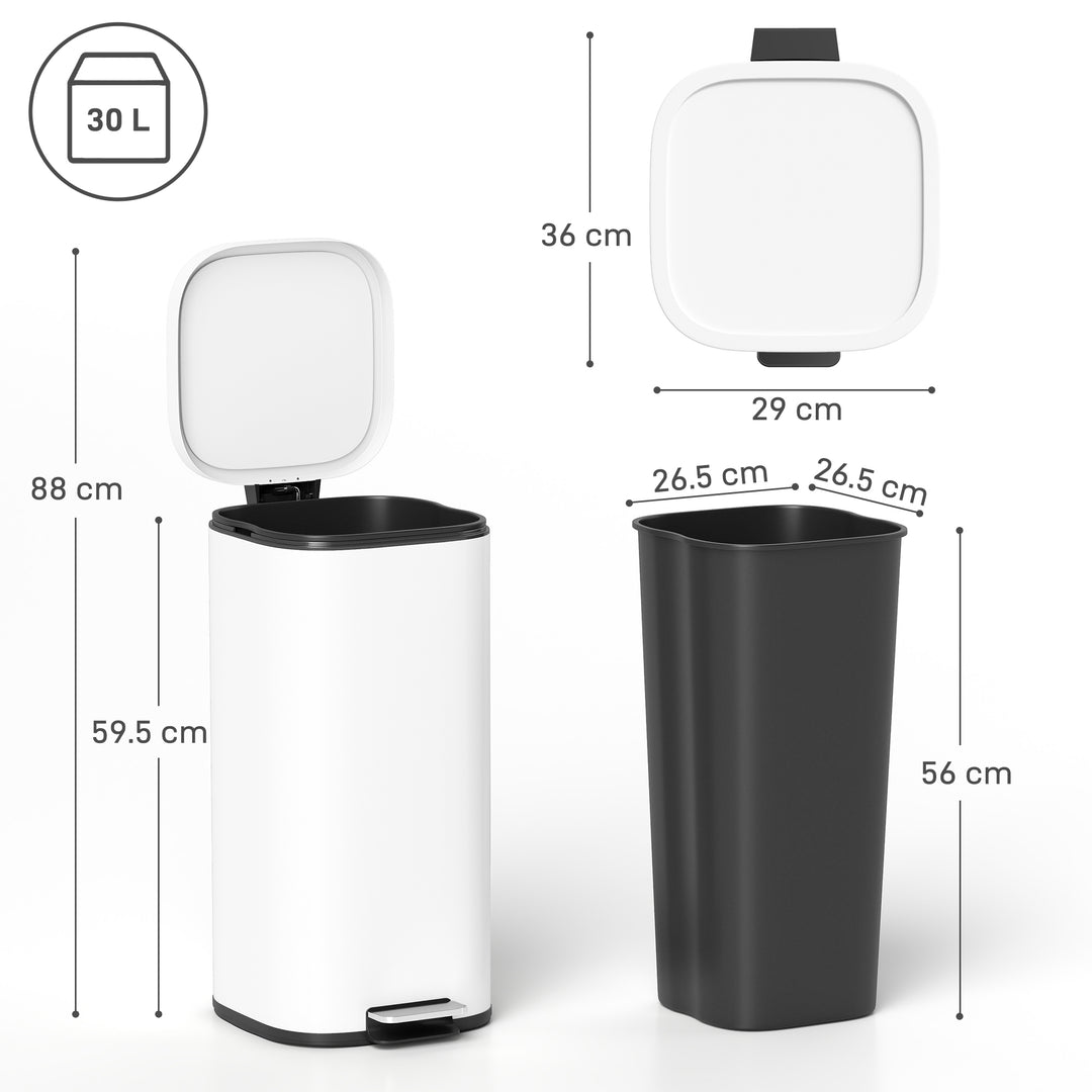 MCL 30L Kitchen Bin, Compact Pedal Bin with Soft-Close and Stay-Open Lid, Removable Bucket for Kitchen, Home, Office, White