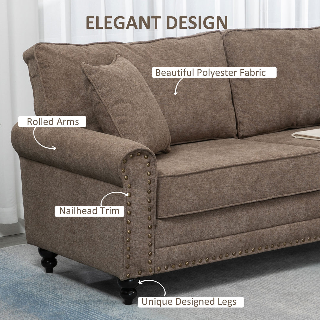 3 Seater Sofa, Fabric Couch with Rubber Wood Legs, 3 Seater Settee with Extra Padded Cushions and Pillows for Living Room, 196W x 80.5D x 89H cm, Brown