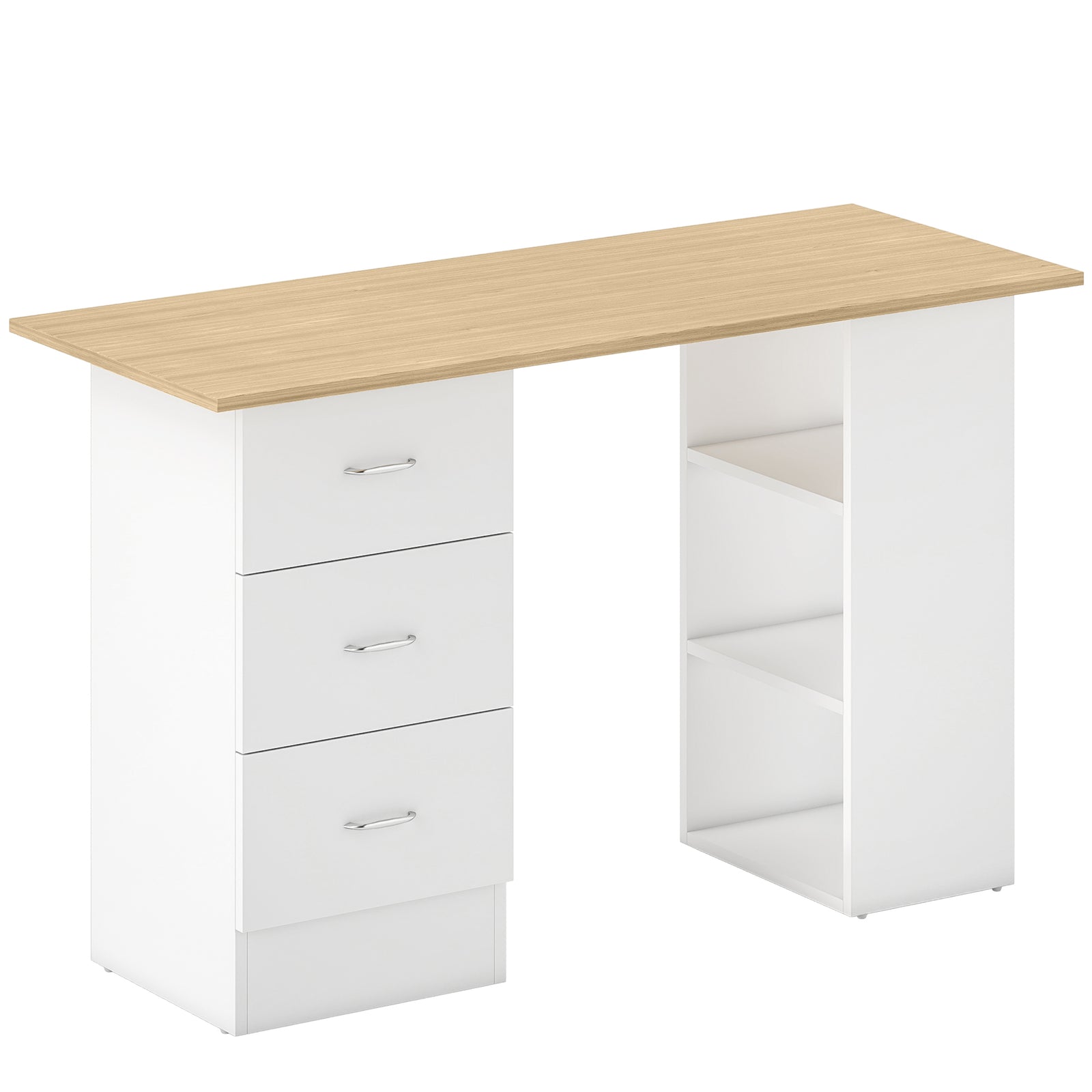 Computer Desk, Writing Table, PC Workstation with 3 Storage Shelves and Drawers, Silver Handle, for Home Office, Natural Wood Finish and White