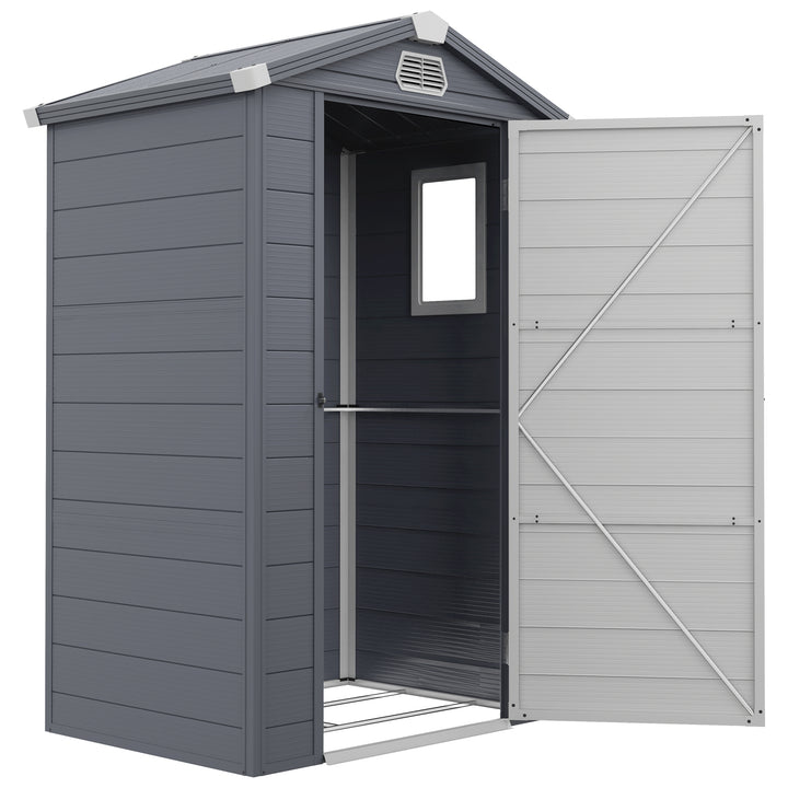 Outsunny 4 x 3ft Garden Shed with Foundation Kit, Polypropylene Outdoor Storage Tool House with Ventilation Slots and Lockable Door, Grey | Aosom UK