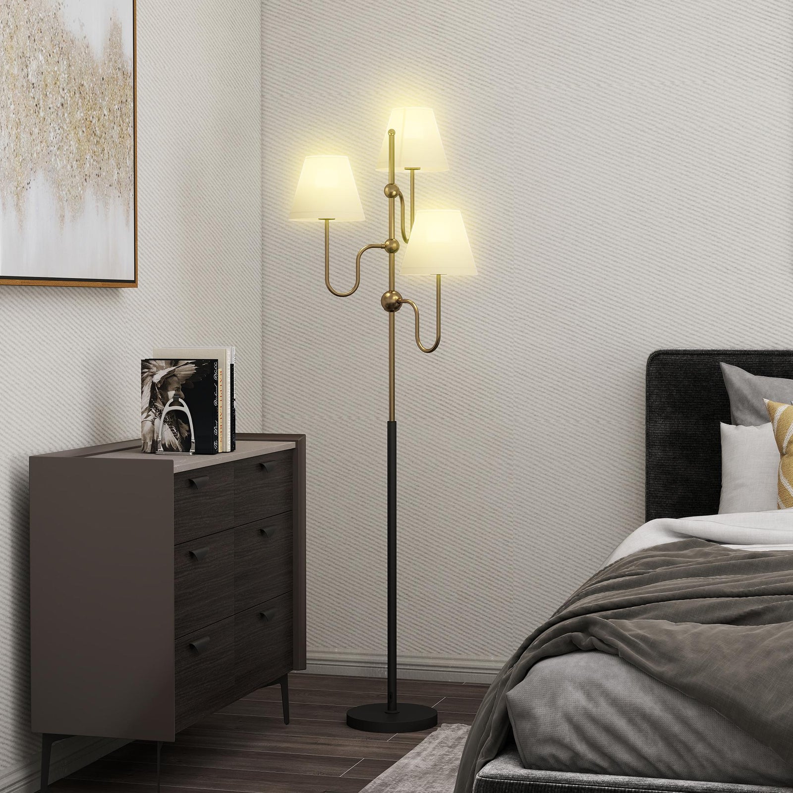Floor Lamp, 165 cm Tall Standing Lamp with 3 Light and Foot Switch for Living Room, Bedroom, Bedside, Office, E27 Base Without Bulb (40W Max)