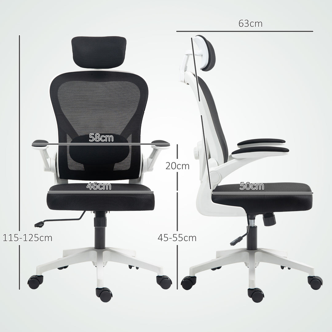 Executive Office Chair, Ergonomic Mesh High Back Desk Chair with Flip-up Armrest, Rotatable Headrest, Adjustable Lumbar Support for Home Study, Black