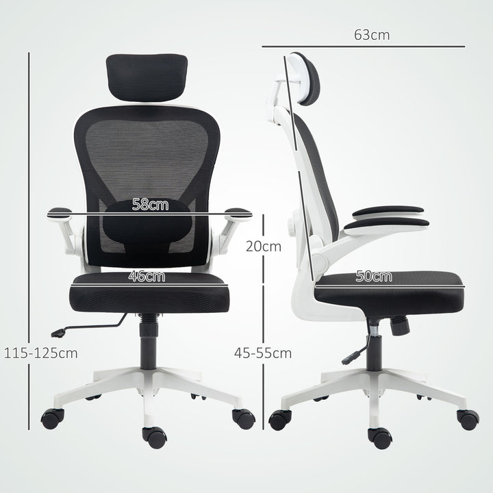Executive Office Chair, Ergonomic Mesh High Back Desk Chair with Flip-up Armrest, Rotatable Headrest, Adjustable Lumbar Support for Home Study, Black