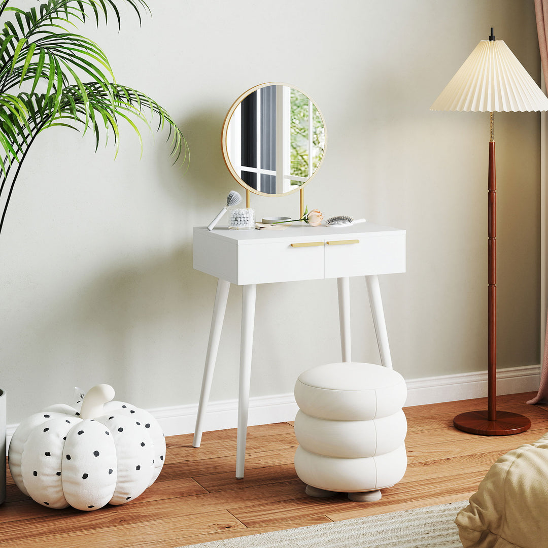 Elegant Dressing Table, with Round Mirror, 60 x 40 x 123 cm - White