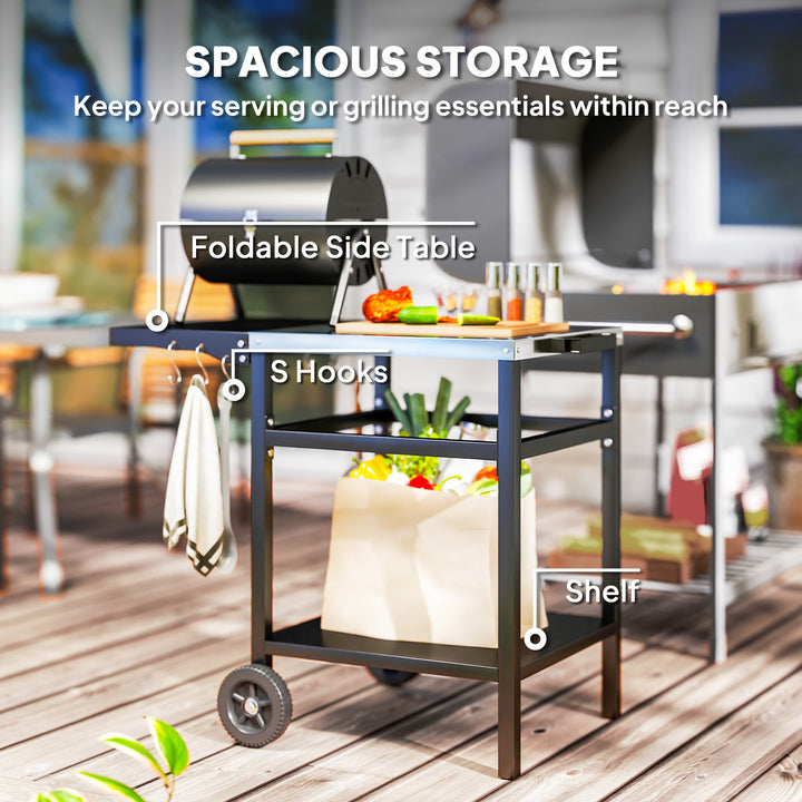 Outsunny BBQ Trolley with Stainless Steel Top and Foldable Side Table, Outdoor Kitchen BBQ Station with Hooks and Shelf, Pizza Oven Table Movable Outdoor Grill Dining Cart with Cover, Black