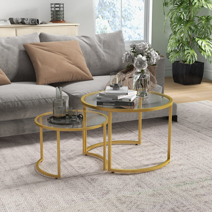 Coffee Table Set of 2, Modern Nest of Tables with Tempered Glass Top, Steel Frame for Living Room, Gold Tone