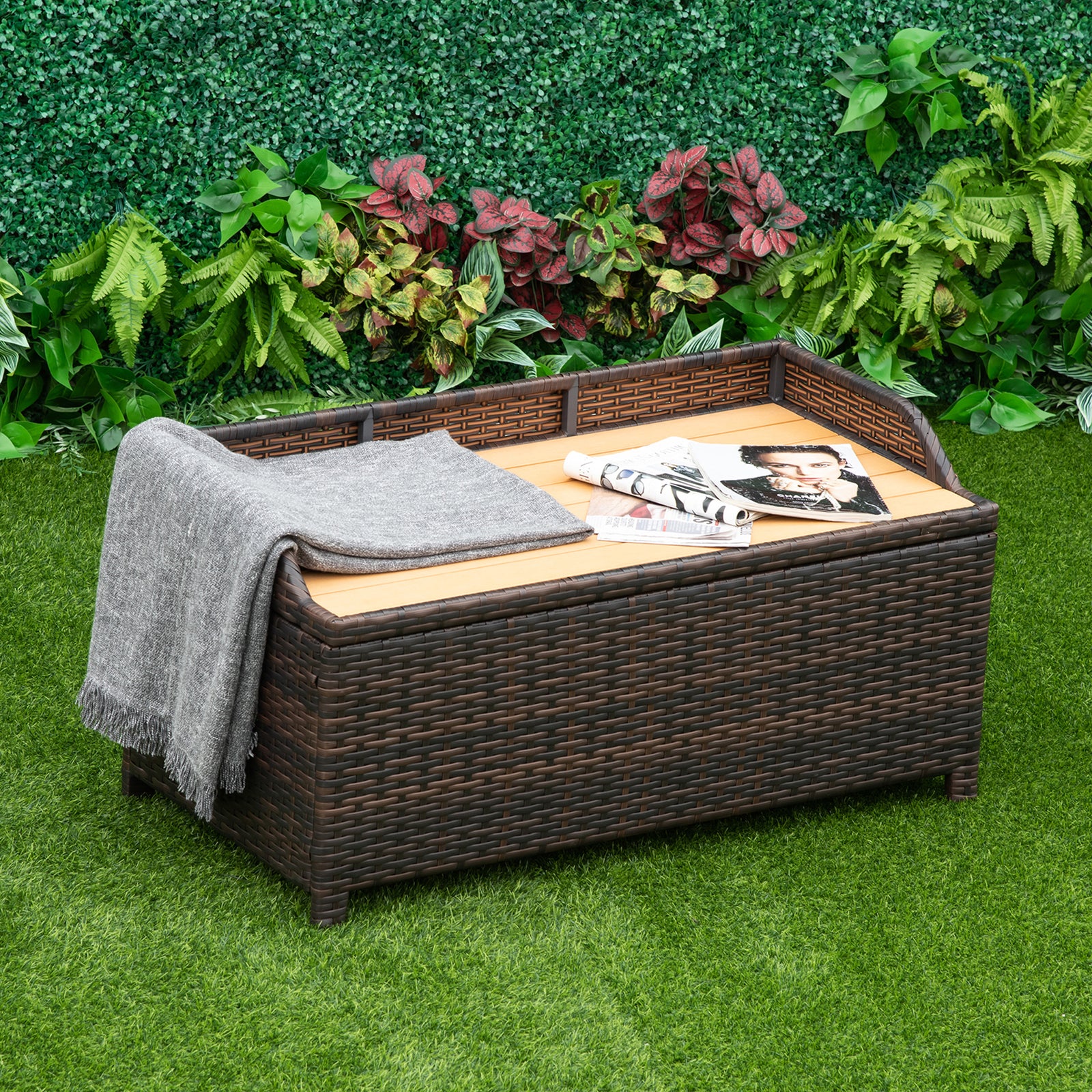 130 L Rattan Garden Storage Box, with Seat - Mixed Brown