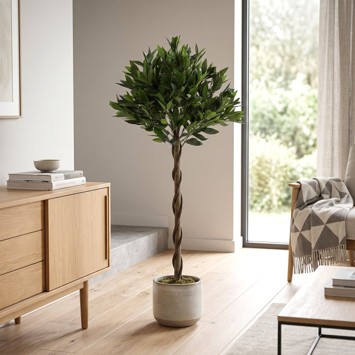 Artificial Bay Laurel Topiary Trees with Twisted Trunk, Realistic Lush