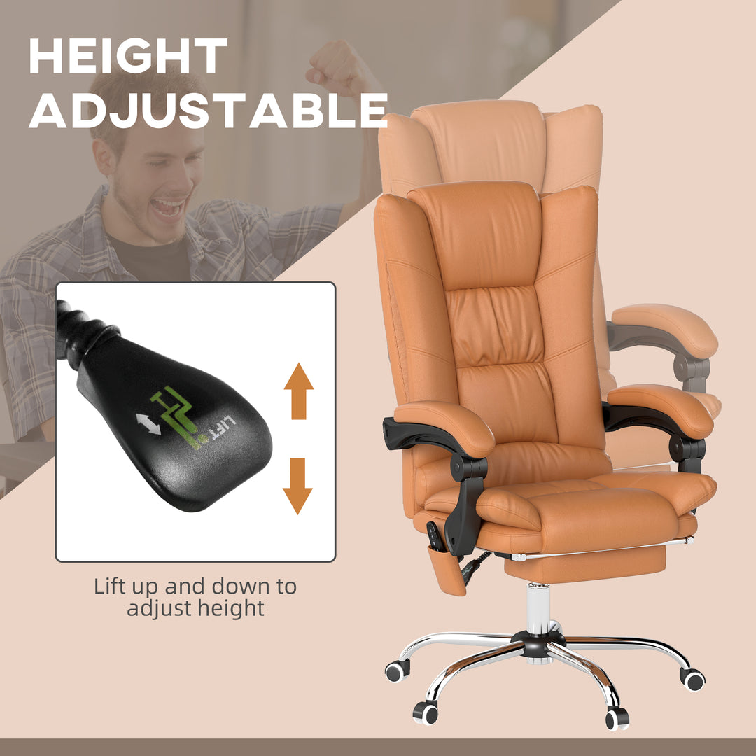 High Back Vibration Massage Office Chair, Heated Reclining PU Leather Computer Chair with 135° Reclining Back and Footrest, Light Brown